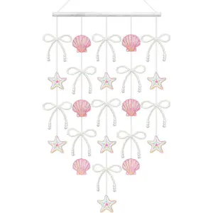CroBlissful Beach Seashell Wall Hanging Nursery Decor Ocean Wall Art Coastal Nautical Decorations Pink Shells Starfish Pearl Bow Garland Coquette Home Decor 15"x27" for Bathroom Bedroom Living Room
