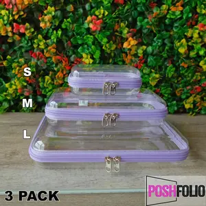 Poshfolio 3 Pack Hard Shell Clear Cases with Double Zipper - Perfect for Organizing at Home and On the Go SET 1 Small 1 Medium and 1 Large Eco Friendly Portable Medicine Box Fruit Vegetable Organizer
