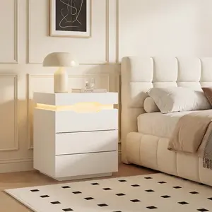 FURMAX Nightstand with LED Light and Charging Station, Endtable with 3 Drawers, Bedside Table with Large Capacity, for Bedroom