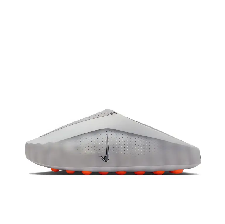 Slip on mule clogs light grey perforated upper orange bubble pod outsole black side emblem futuristic casual design lightweight cushioned pool street vacation daily unisex fashion footwear