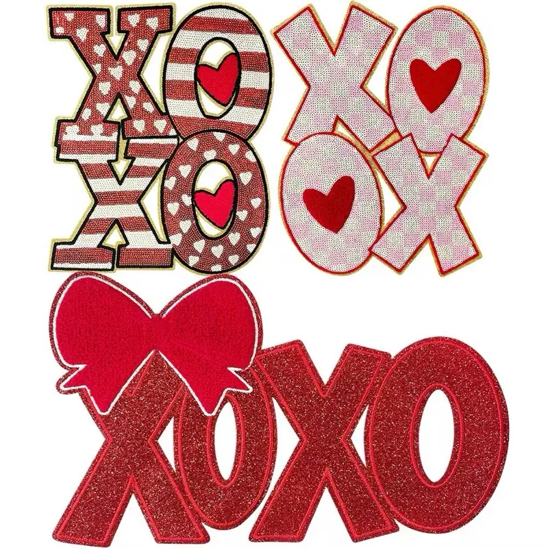 Sequin and Chenille Iron on Patches - Trendy XOXO DIY with Heart and Bows Designs, Ideal for Crafting and Decoration