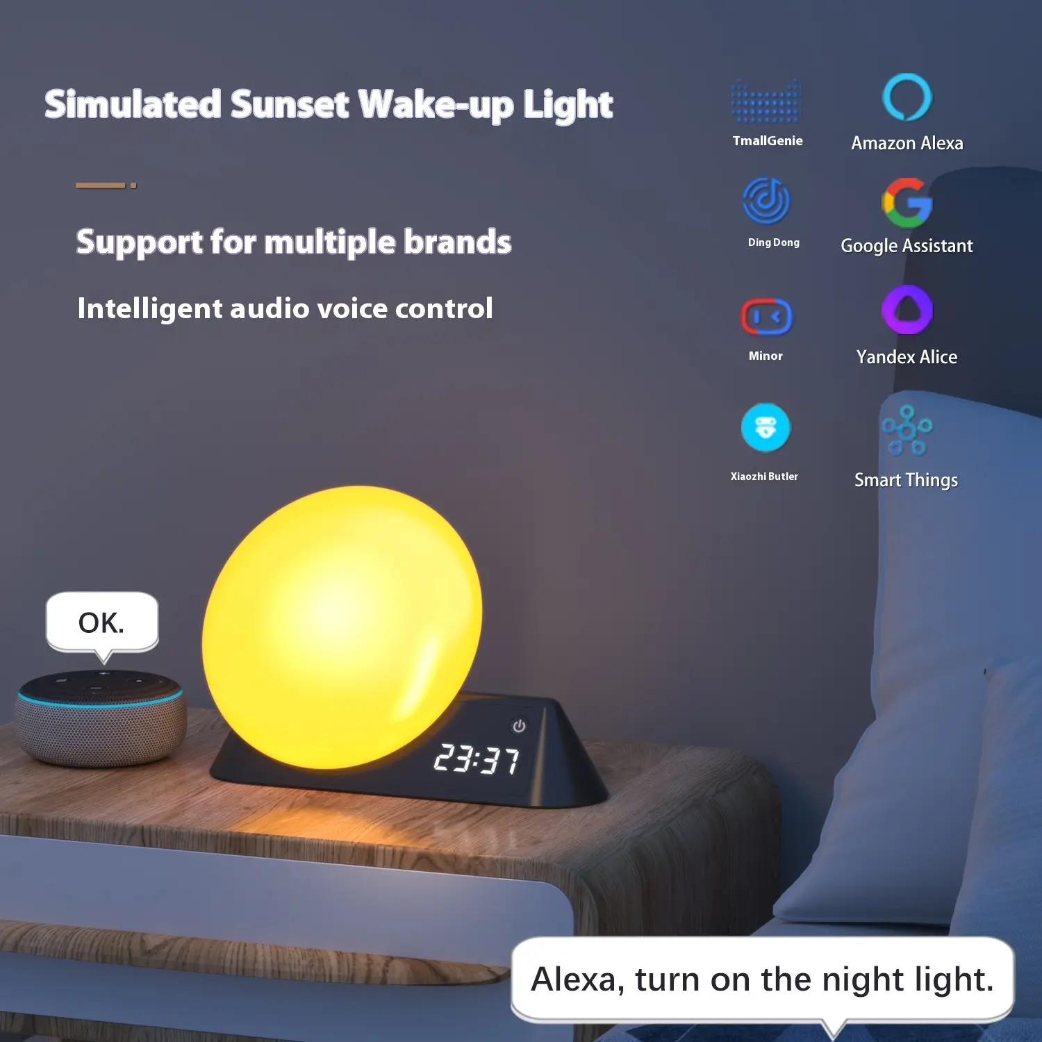 Analog sunrise sunset magic wake-up light mobile phone APP control white noise alarm bedside with sleeping atmosphere light