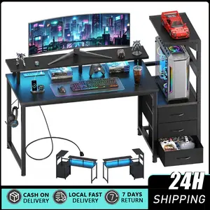 52,59 Inch Gaming Desk with Storage & LED Lights, Reversible Computer Desk with Display Shelves & Fabric Drawer, Modern Gamer Desk Table with Side Headphone Hook, Carbon Fiber Black