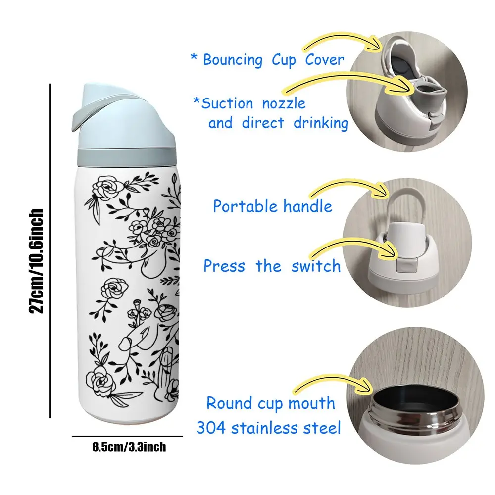 32 Oz Stainless Steel Insulated Cup, Floral Design, Retro Style, Large  Capacity Leak-Proof Travel Mug, Vacuum Flask Bottle - TikTok Shop