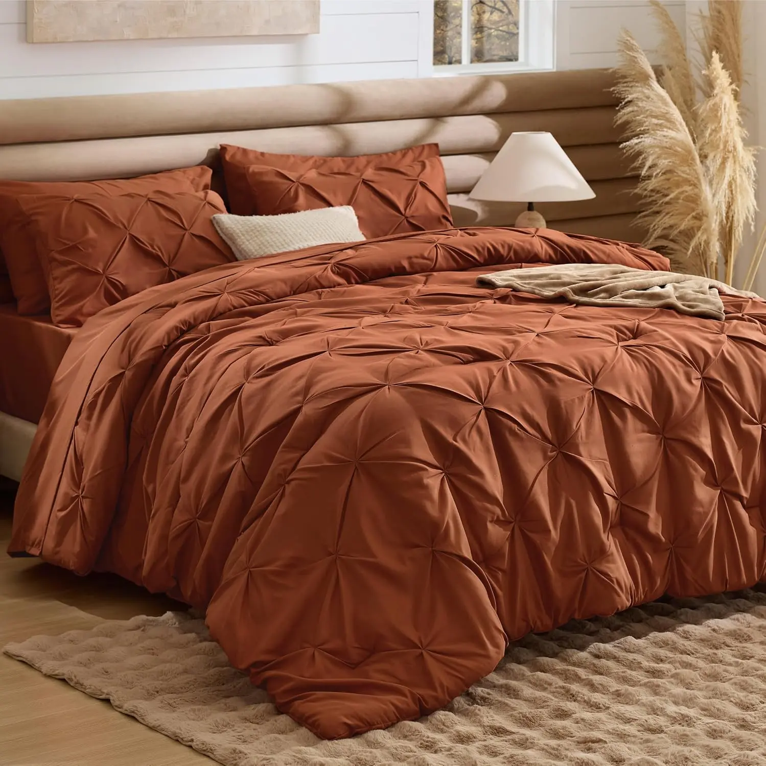 Bedsure 7-Piece  Comforter Set & Sheets, Terracotta Bedding Ultra-Soft Microfiber with Down Alternative, Deep Pocket Fitted Sheet, Pintuck Design, Room Decor, OEKO-TEX Certified