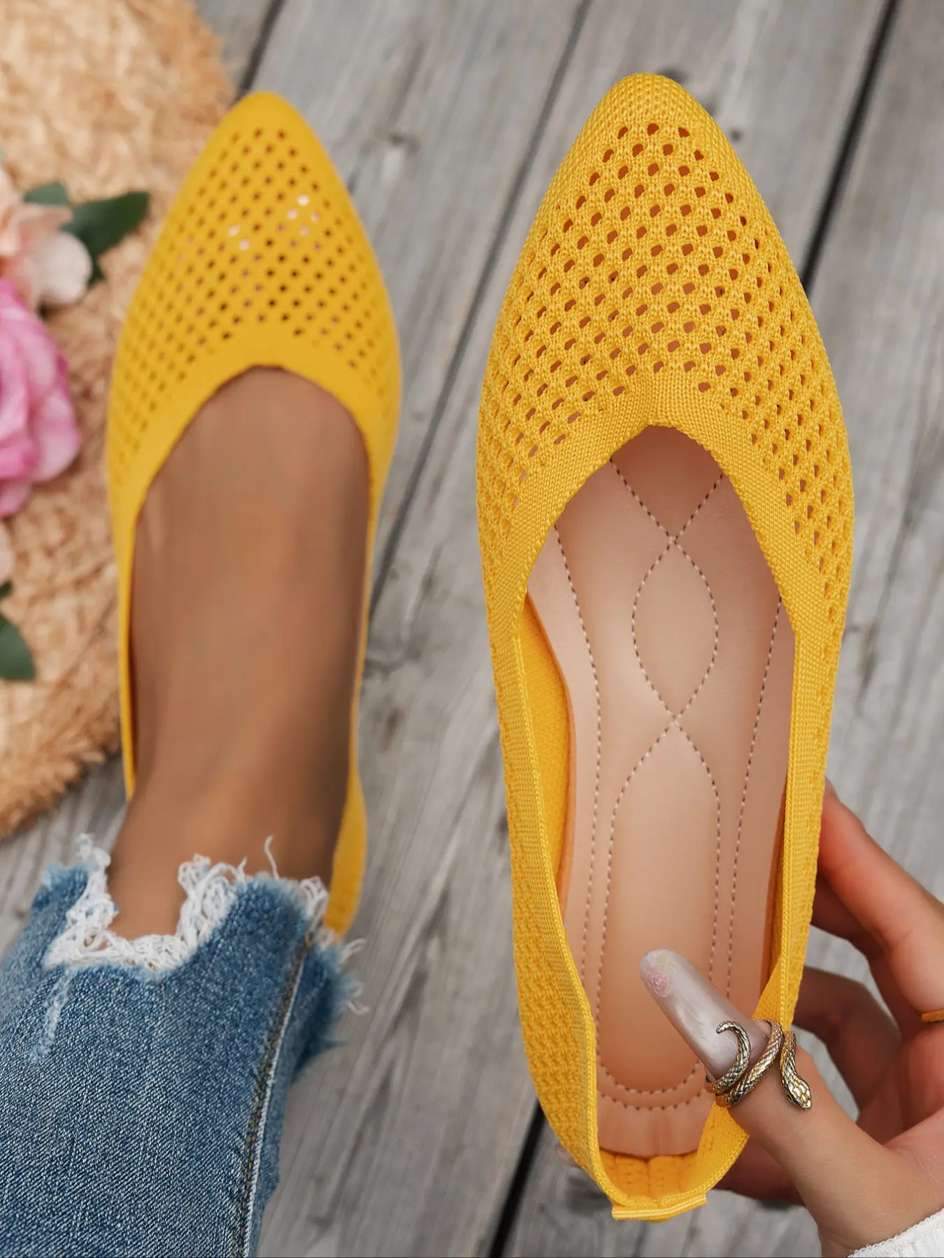 Fashion Hollow Pointed Toe Single Shoe, Walking Flat Shoes, Breathable Flats, French Style Low Cut Slip-On, Versatile Commuter Shoes for All Seasons