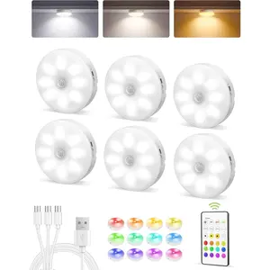 6-Pack Under Cabinet Lighting, Rechargeable Motion Sensor Puck Light with Remote, 3 Color Temps & 12 RGB Colors,  Stick  Light, Dimmable Under Counter Light for Kitchen,  Decor