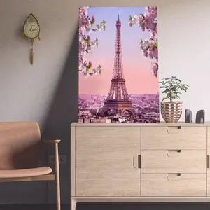 Pink Blossoming Paris Street Eiffel Tower Romance Living Room Wall Art Landscape Canvas Print for Home Office Decor Eco-Friendly Fade-Resistant Waterproof UV-Protected