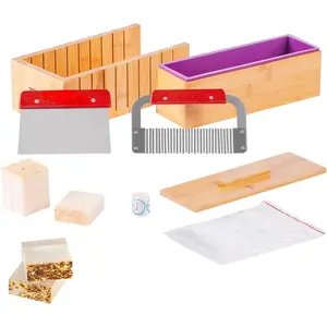 VEVOR Soap Making Kit, Bamboo Cutting Box and Inner Box with Silicone Mold, Stainless Steel Straight Cutter and Wavy Cutter, 100 Bags and 105 Stickers, Soap Making Supplies DIY Kits for Adults