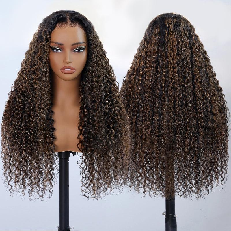 Female Human Hair 360 Lace No Glue Fluffy Wave Wig, Brown Balayage Highlights, 180% Density, Pre-Cut HD Skin Lace, Invisible Adjustable Strap Fit, Length 22 Inch, Daily Wear