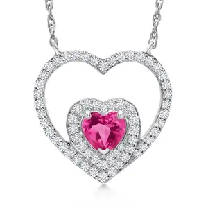 10K White Gold Pink Created Sapphire and White Lab Grown Diamond Double Pendant Necklace For Women (0.81 Cttw, 4MM Heart Shape, with 18 Inch Chain)