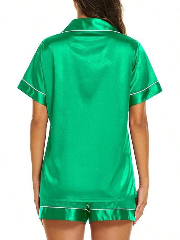 Silk Pajama Sets Womens 2 Pieces Short Sleeve Sleepwear Soft Button Down Loungewear Satin Pjs Shorts Lounge Set S XXL - Green