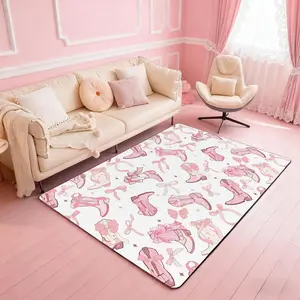 Cowgirl Area Rug ,Western Cowboy Boots Pink Bowknots Decorative Rug for Bedroom Playroom Backyard,Dreamy Fairy Tale Princess Starry Pink White Non Slip Carpet for Kids Adults