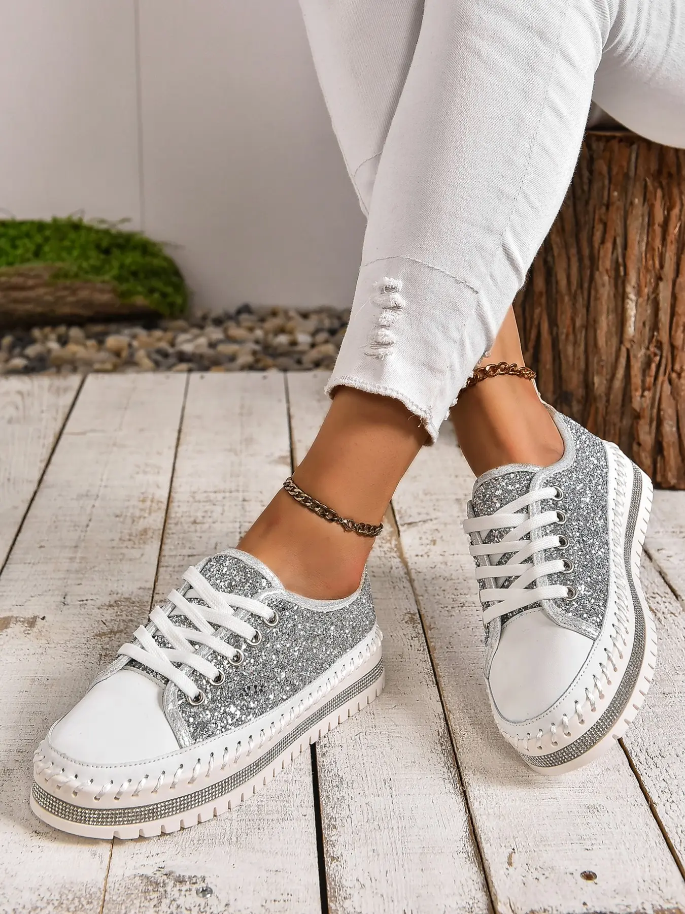 Shiny Silver Color Chunky Sole Canvas Shoes, Rhinestone Trim, Lace-Up Design, Height Increasing, Party & Daily Wear, Comfortable Walking