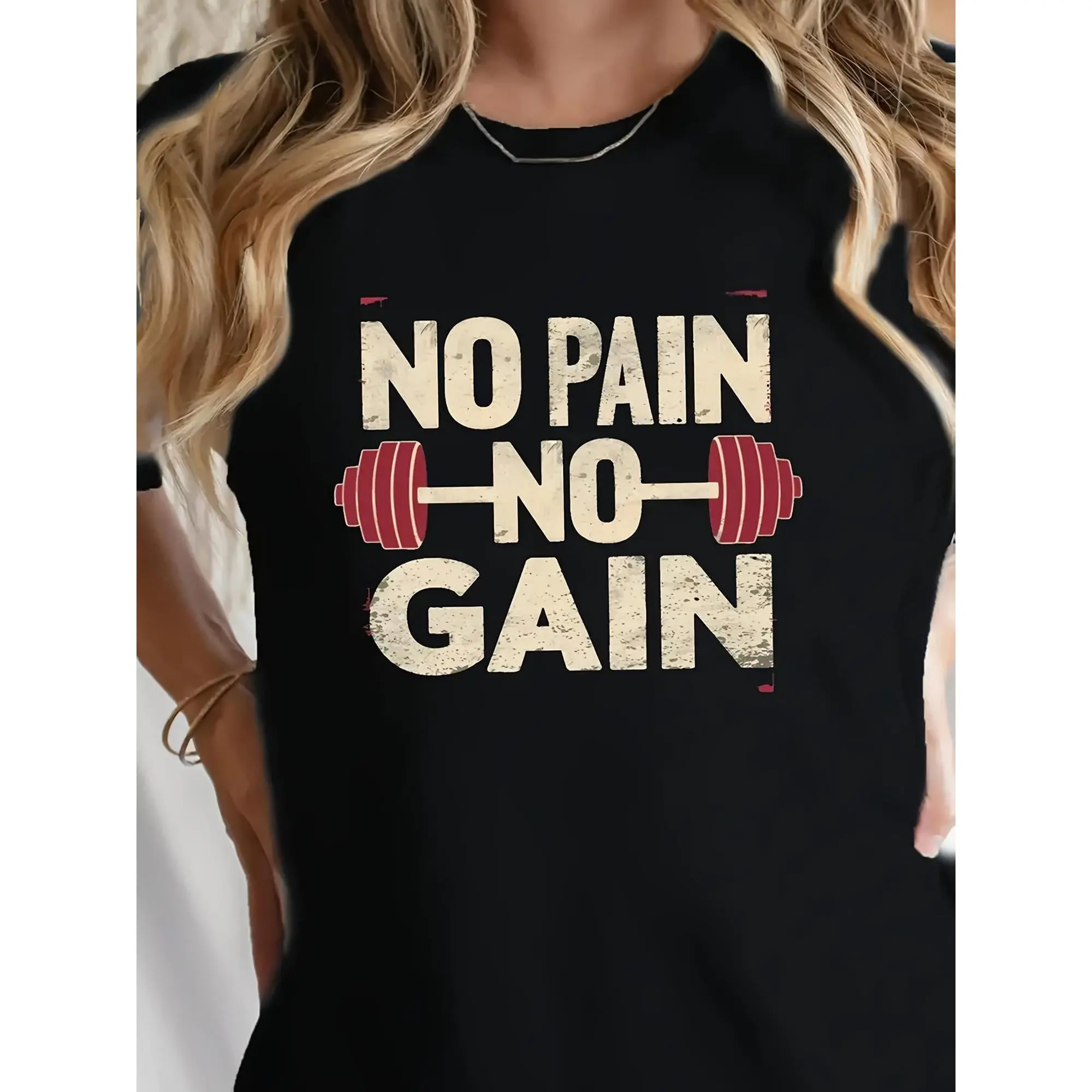 Women's "No Pain No Gain" Motivational T-Shirt - Crew Neck Short Sleeve 100% Cotton Black Gym Tee with Dumbbell Print