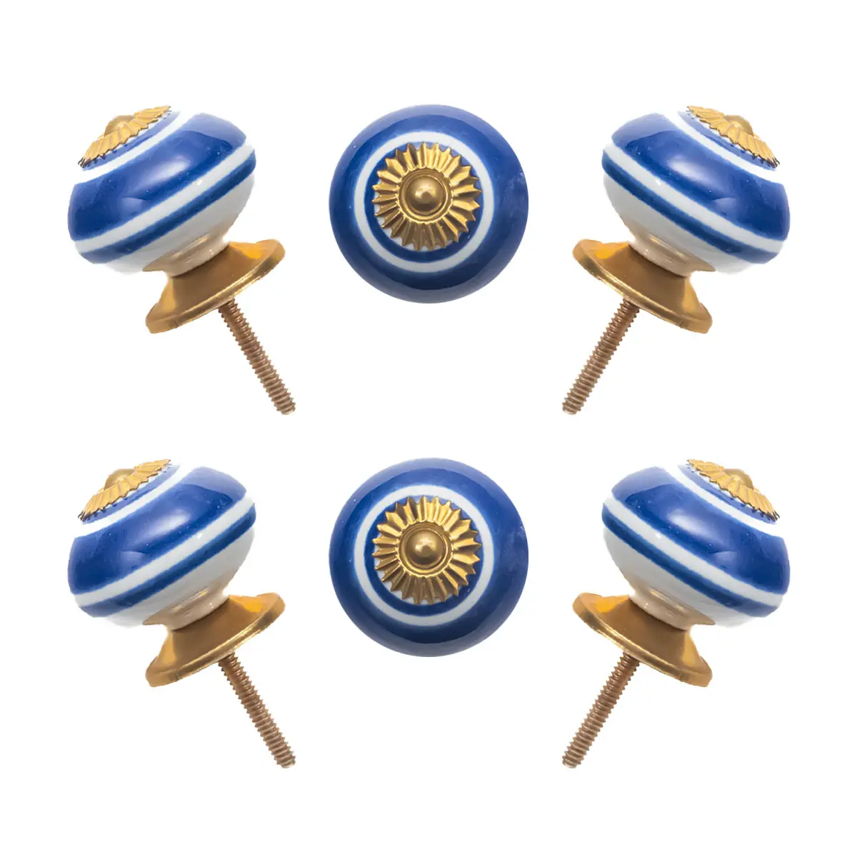 Striking Blue & White Line Striped Ceramic Knobs with Gold Starburst (Set of 6) - 1.5 Inch - CDNY