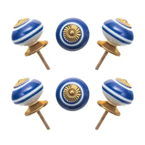 Striking Blue & White Line Striped Ceramic Knobs with Gold Starburst (Set of 6) - 1.5 Inch - CDNY