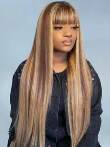 26 Inch Long Straight Brown Highlight Wigs for Women, Gorgeous Fluffy Wigs with Bangs, Synthetic Full Machine Wigs for Party, Daily Use, Machine Made Wigs