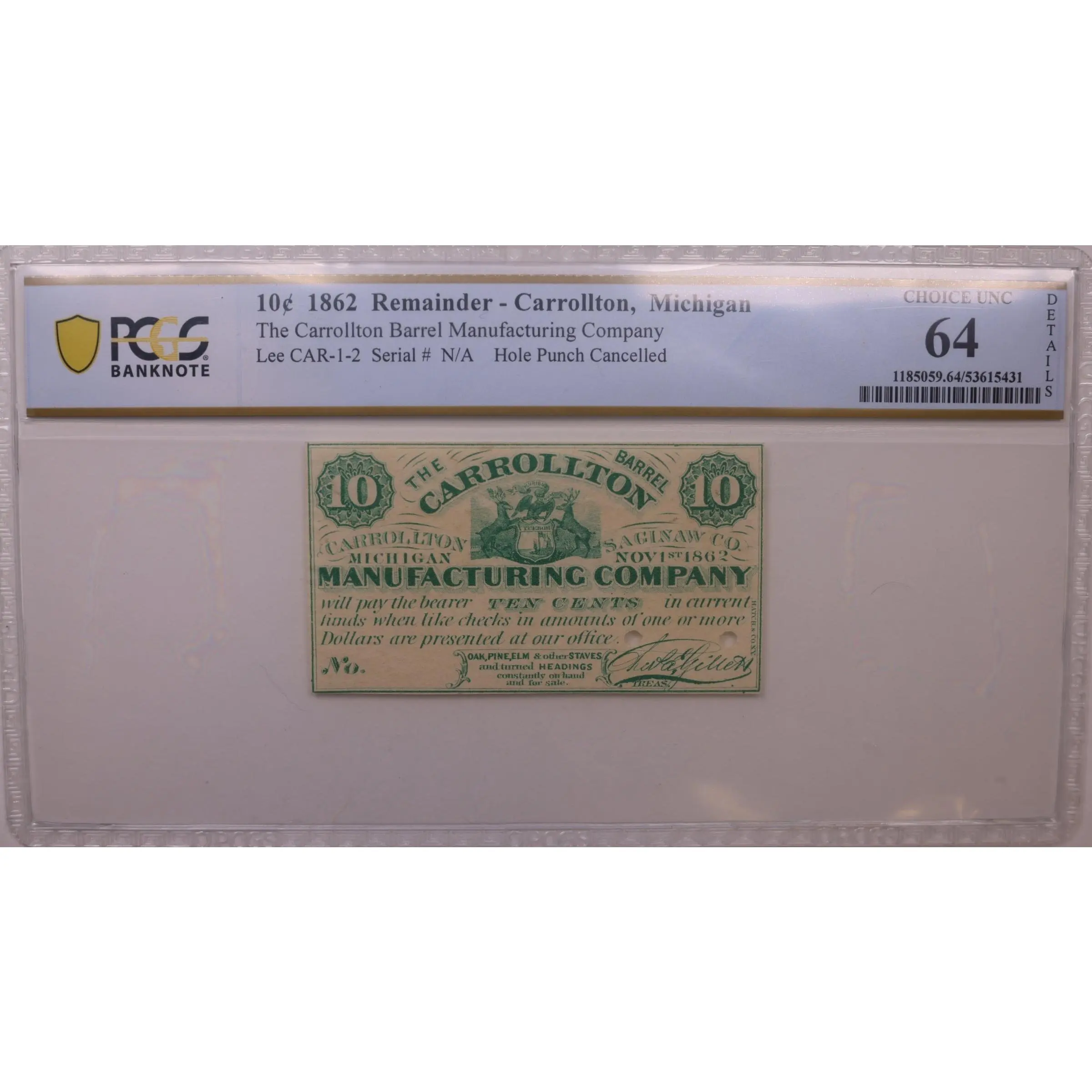 1862 10C Carrollton Remainder, MI, Lee CAR-1-2, PCGS Choice UNC-64, STORE #GMI154