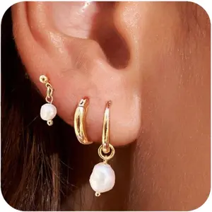 3pcs/Pairs Trendy Gold Huggie Small Hoop Earrings with Pearl Charm Personalized 18k Gold Plated Pearl Dangle Earrings for Women