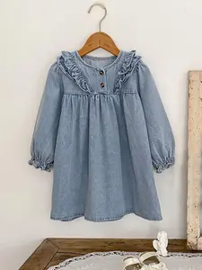 Toddler Girl's Denim Dress, Casual Long Sleeve Lace Trim Dress for Daily Wear, Kids Clothes for All Seasons, Baby Girl Clothes