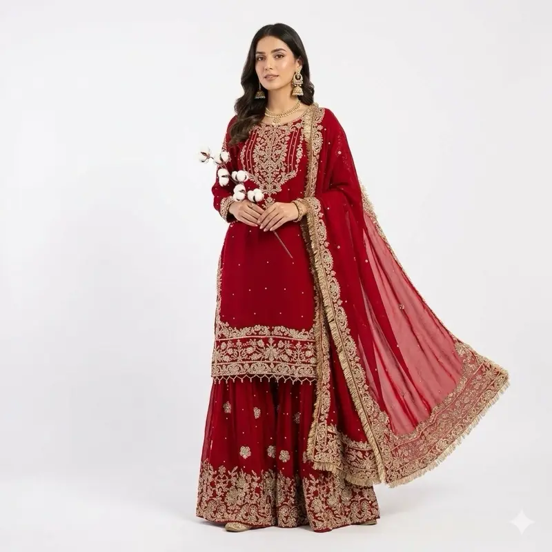 Lunchtime for New Colors of the Bridal Sharara - Red Bridal Sharara Set with Intricate Designs and Matching Accessories for Special Occasions
