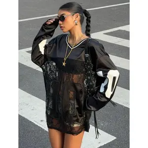 Muchica Black Mesh Panel Casual T-Shirt For Women V Neck Long Sleeve Loose Fit Sheer Knitted Fabric Button Front Daily Wear Blouse