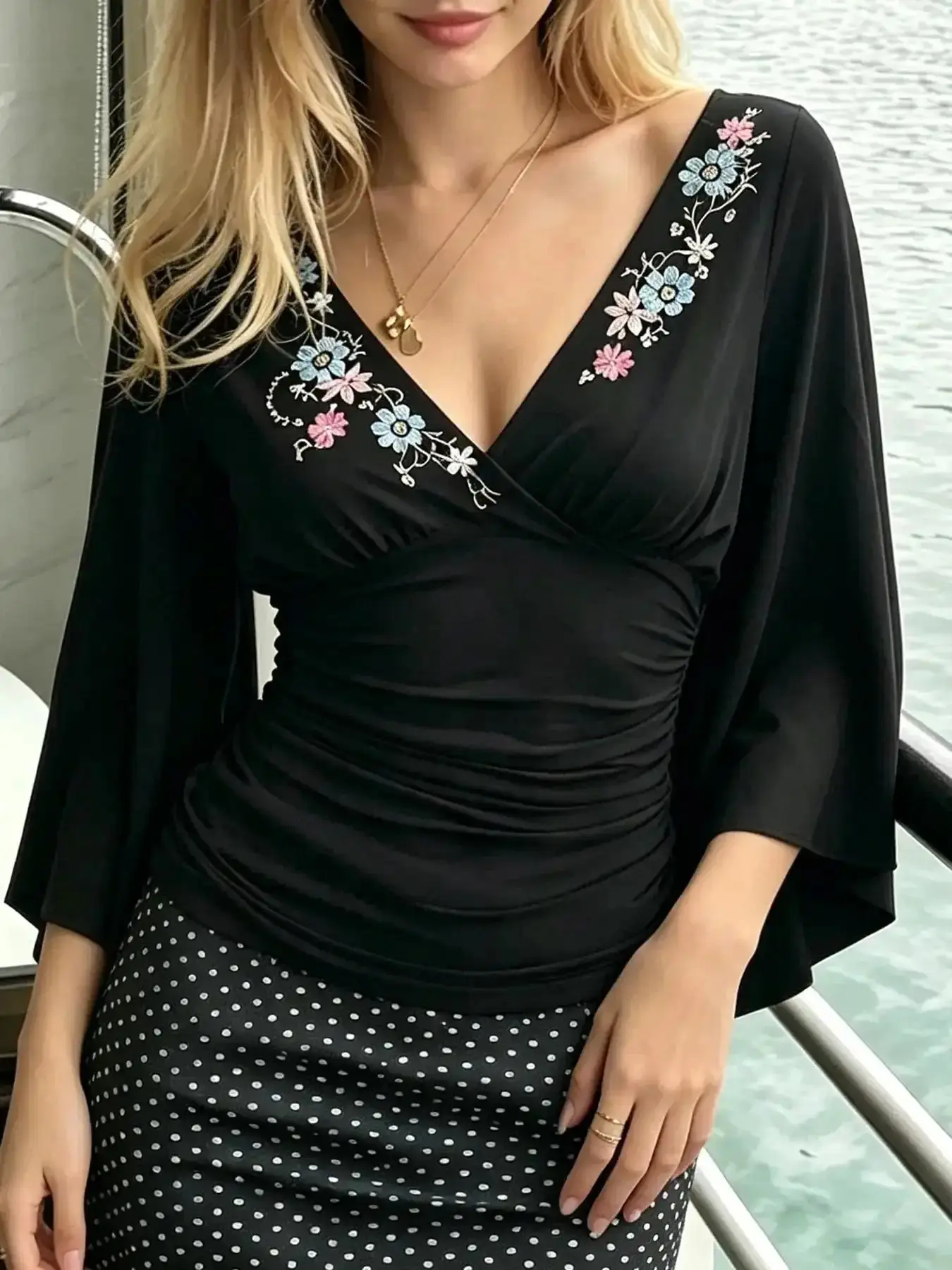 Refined Y2K Embroidered Floral Seven-Quarter Sleeve T-Shirt for Women, Summer Batwing Waist-Tight Top, Preppy Style Loose-Fitting Tee, Embroidery, effortless layering, chic everyday, refined casual