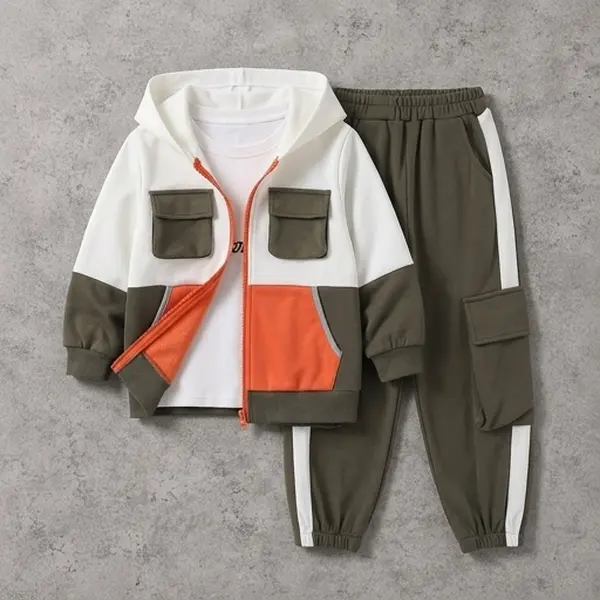 Boys' 2-Piece Tracksuit Set, Casual Color Block Zip Hoodie & Loose Fit Joggers with Elastic Waistband for Casual Outings, Ages 4-12Y, Loose Fit Pants, Cpsia Labeled, Casual Wear, Male