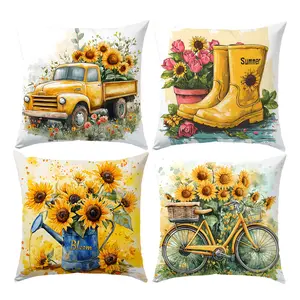 4PCS Summer Sunflower Truck Throw Pillow Cover, 18 x 18 Inch, Pillow Cover for Cushion Living Room, Bedroom, Couch and Sofa, High Listed Printed (No Pillowcase Insert)