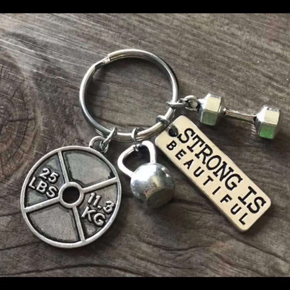 Strong Is Beautiful Keychain with Gym Weights Charms – Durable and Motivational Accessory