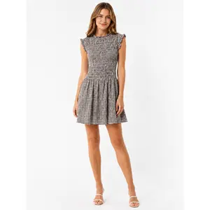 Chouyatou Womens Gingham Plaid Sleeveless Ruffle Mini Dress Smocked Short Dress
