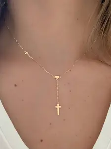 Vintage Cross Heart Stainless Steel Choker Necklace, Simple Fashion Jewelry for Women, Unique Style Lockbone Chain Accessory