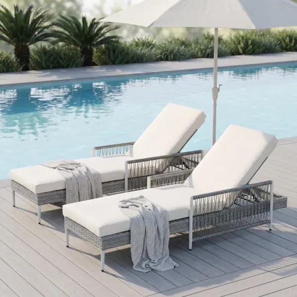 Outdoor All-Weather PE Rattan Chaise Lounge, Minimalist Patio Wicker Lounge Chair with 6 Gear Adjustable Recliner, Arms and Cushion for Poolside, Deck, Grey