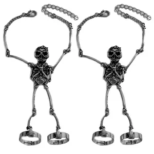 2PCS Punk Style Skeleton Pendant Design Finger Rings Charm Bracelet, Gothic Adjustable Fashionable Ring Bracelets Decor for Women & Men, Trendy All-match & Exquisite Fashion Jewelry for Birthday Gift, Halloween braceletstack matchingbracelets
