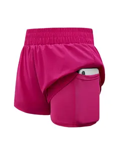 Haloumoning Girls Athletic Shorts High Waist Elastic 2 in 1 Running Shorts with Side Pockets 5-14 Years