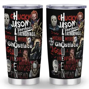1pc Horror Movie Themed Insulated Tumbler - 20oz Thermal Cup with Thug Life & Horror Characters (Michael Myers, Freddy Krueger, Pennywise, Chucky) - Double-Wall Vacuum Insulated Stainless Steel Thermos for Halloween, Christmas, Office, Camping, Home