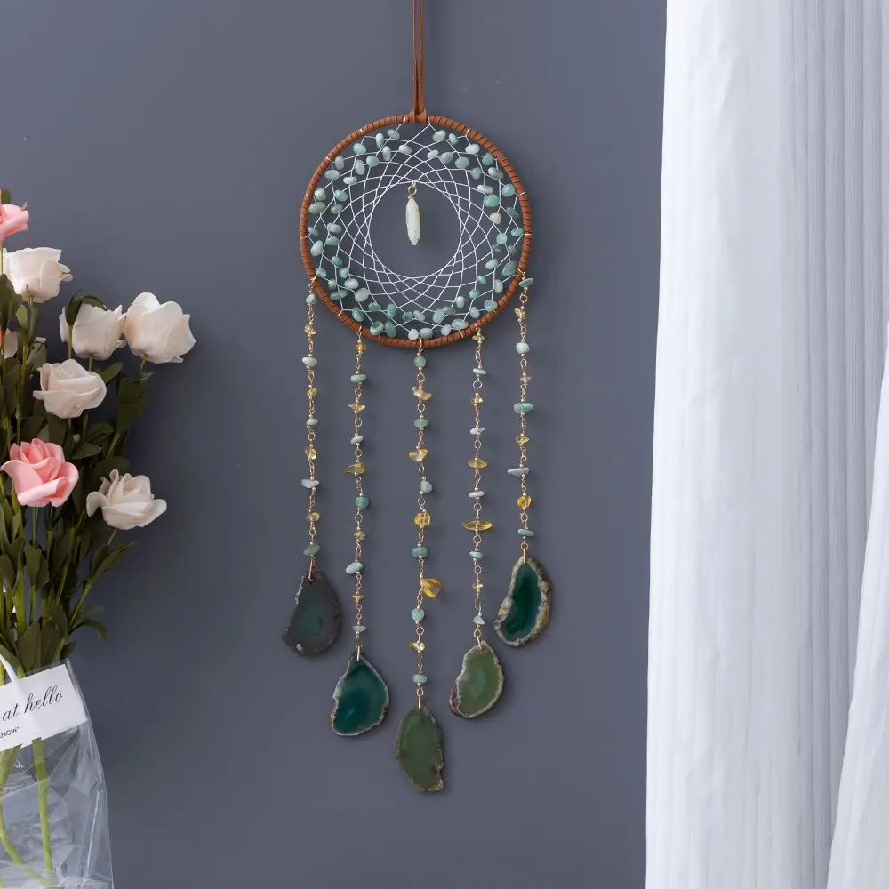 Bohemian Tree of Life Dream Catcher - Boho Decor Handmade Wall Hanging Hangable with Natural Agate Slice Pendant - Aesthetic Gemstone Decor for Bedroom, Living Room, or Window Display Ornaments Decoration Decorative Wall Art