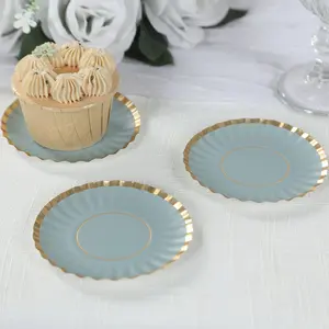 50-Pack Paper Round Party Plates 3.5" Dusty Blue with Gold Scalloped Rim - 250GSM Disposable Mini Dessert Plates