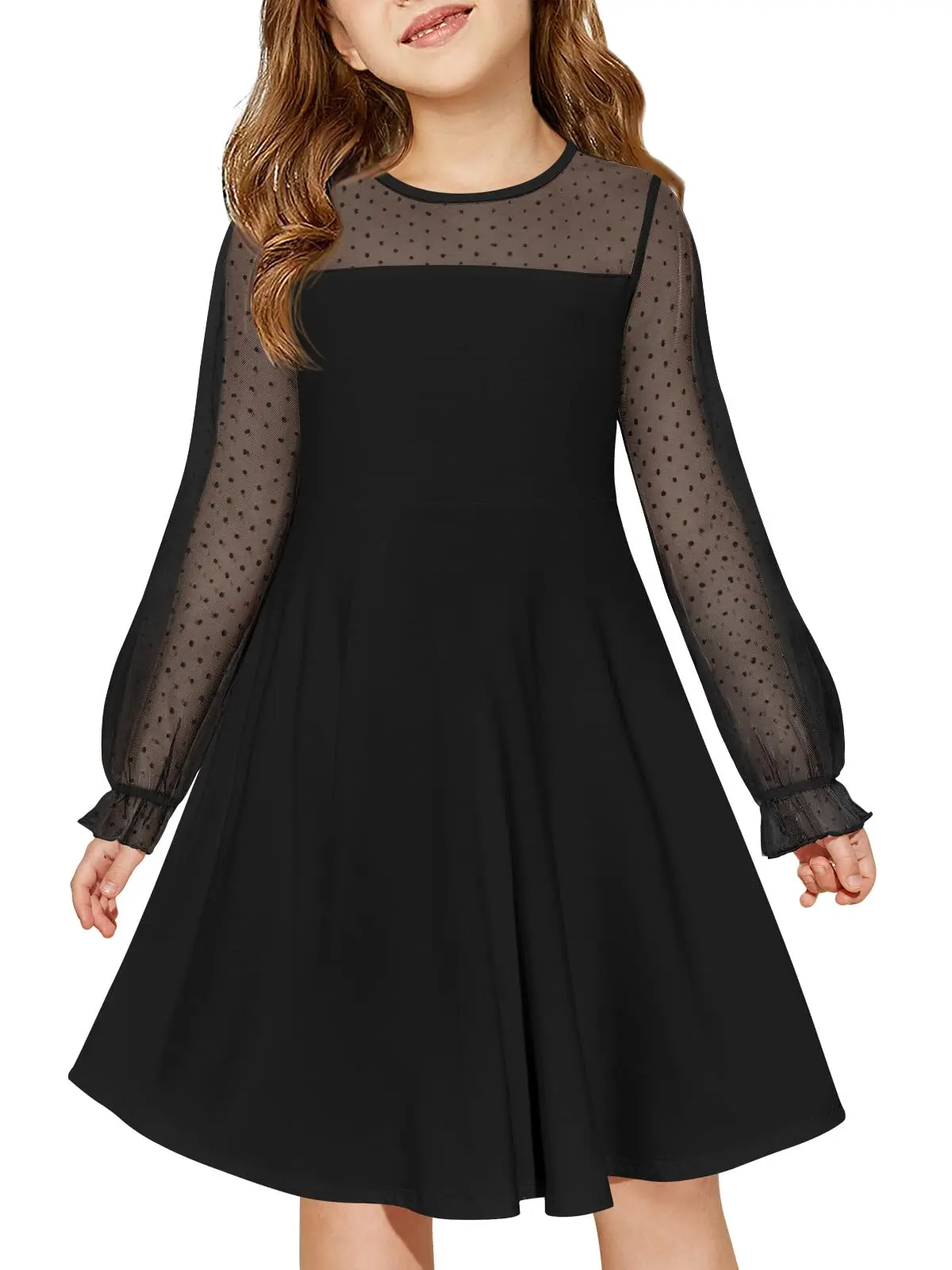 Haloumoning Girls' Long Sleeve A-Line Party Dress with Contrast Mesh and Pockets, Kids Clothing Ages 4-14, Round Neck Dresses, A Line Dresses