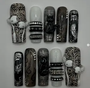 Gothic Music Cat Press On Nails with 3D Skulls, Black & Gray Halloween Nail Art, Spiked Emo Nails, Dark Aesthetic Punk Nail Set