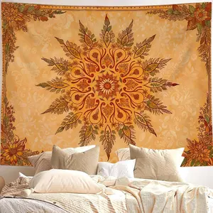 Floral Tapestry, Vintage Bohemian Indian Tapestries for Bedroom Aesthetic Retro Orange Yellow Flower Small Tapestry Wall Hanging for Dorm Living Room Decor