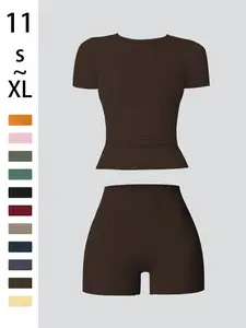 Women's Solid Color Set, Basic Versatile T-Shirt Top, Fashion Multi-Purpose High Waist Gym Shorts, Yoga Fitness, Yoga Clothes Set, All Seasons, Sportswear