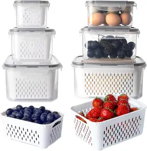 6 PCS Fruit Storage Containers for Fridge with Removable Colanders, Airtight Food Storage Container with Lids, Produce Saver, Leakproof Fridge Organizer Bins for Salad Berry Vegetables Keep Fresh