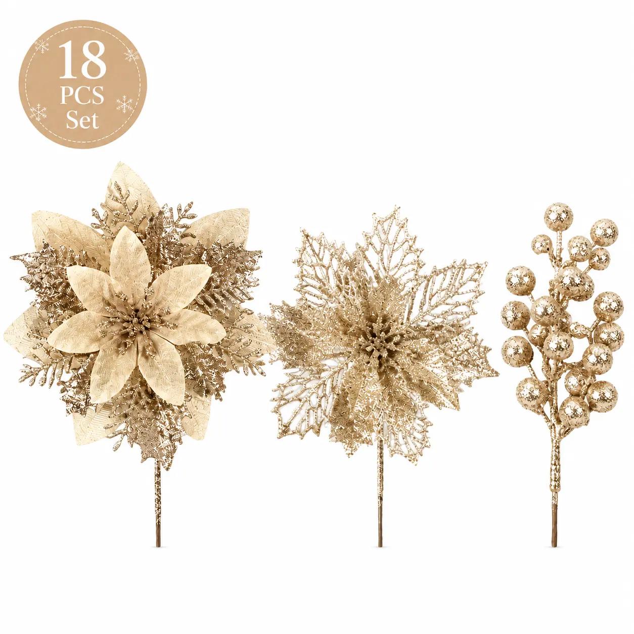 18PCS Champagne Gold Glitter Christmas Floral Picks Set, 12 Artificial Poinsettia Flower Ornaments and 6 Berry Stems for Christmas Tree, Wreath, Garland, Holiday Party and Home Decor