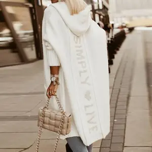 Womens Letter Heart Pattern Long Cardigans Knitted Open Front Oversized Hooded Outerwear Sweater Coat
