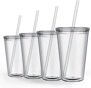 Classic Clear Tumbler with Lid and Straw | 16oz Premium Acrylic, Insulated Double Wall Plastic Reusable Cups, BPA-Free To Go Cups for Ice Coffee, Fruit Teas & Water
