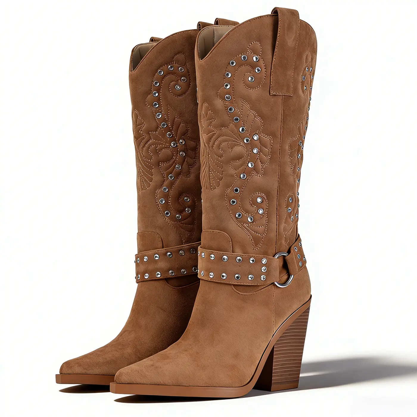 Women’s Tan Suede Western Knee-High Cowboy Shoes - Studded, Embroidered, Pointed Toe, Chunky Heel, Buckle Strap - Statement Shoes for Western OOTD, Casual Wear
