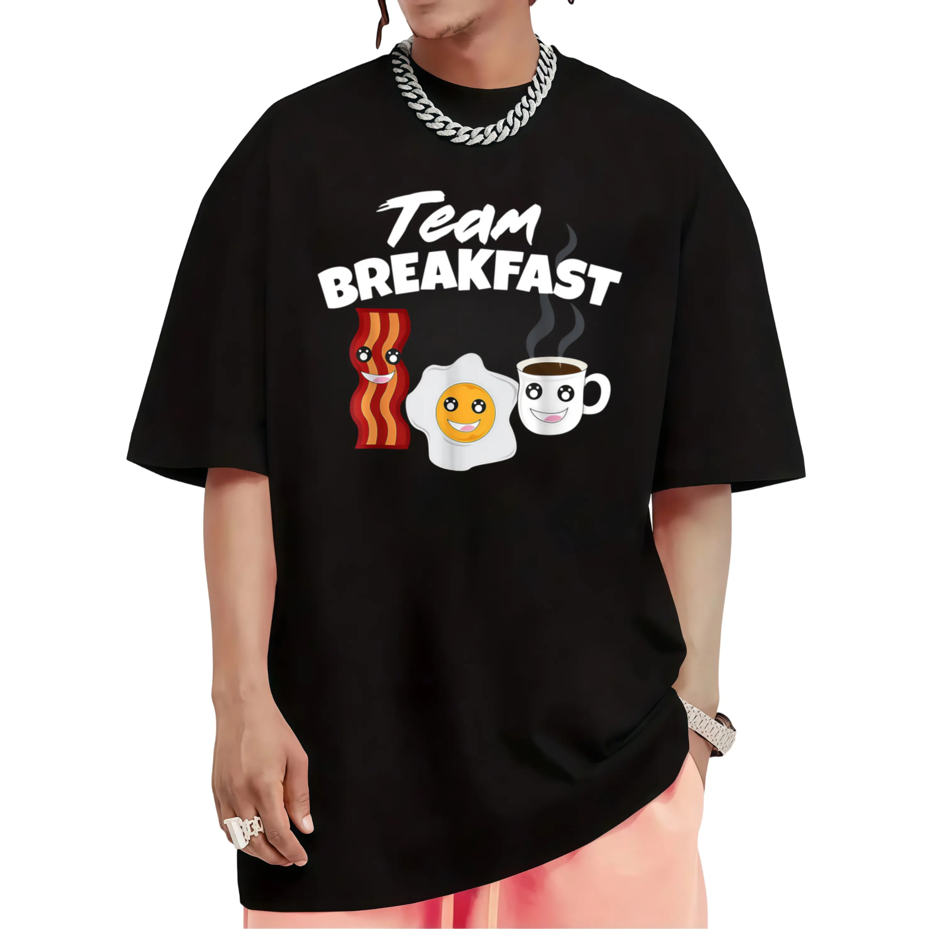 TEAM BREAKFAST Men'S T-Shirt Fun Coffee Eggs And Bacon Design Vintage Style Short Sleeve Crew Neck Ideal for Breakfast Lovers Coffee Tee Lightweight And Comfortable Fabric Suitable for All Seasons Including Outdoor Sports Fitness Running And Casual