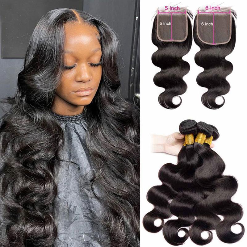 BELE HAIR 6x6 Lace Closure With Bundles For Quick Weave Hairstyle Body Wave Bundles With 5x5 Transaprent Lace Closure Brazilian Hair Bundles With Lace Closure Natural Black Color For Women  Unprocessed Weave Bundles Extension With Swiss Lace Closures